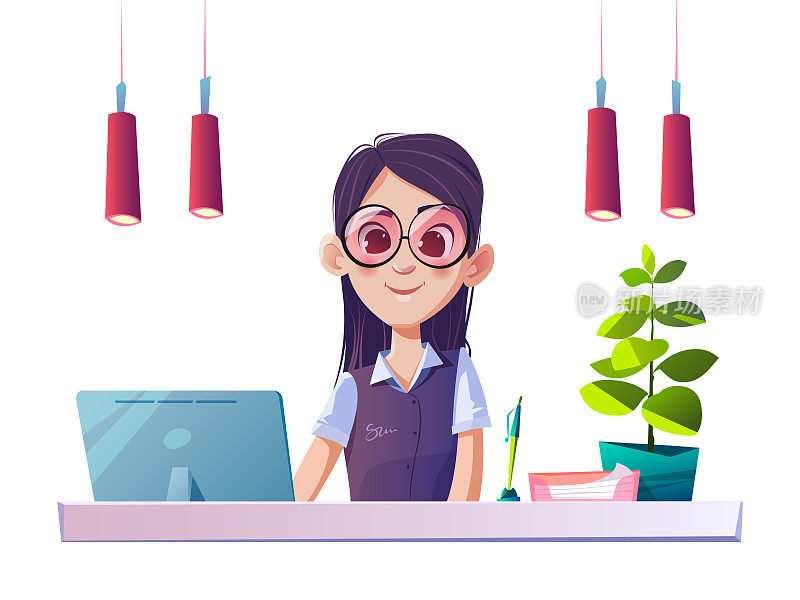 Young woman at the office table. Cartoon character and interior objects on a white background.